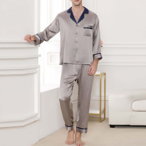 Ensemble de vêtements de détente pour homme personnalisé, respirant, de haute qualité, uni, manches longues, col en V, coton satiné doux, pyjama personnalisable, été - Product Image 3