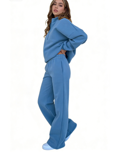 Conjunto de sudadera azul extragrande con cierre de cremallera y pantalones anchos para mujer, ropa cómoda para estar en casa con un estilo estético. - Product Image 3