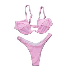 Bordado de las mujeres 2PCS Bikini Set Color sólido de alambre acolchado en forma de V hebilla trasera sujetador triángulo bragas de cintura alta - Product Image 3