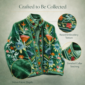 Blouson Bomber en Velours Cousu Main Artisanal avec Broderie Florale Vintage, Col Montant, Doublure en Coton – Vêtement d'Extérieur de Luxe - Product Image 3