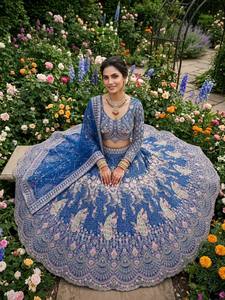 Ensemble Lahenga Choli Dupatta vintage, floral, long, ample, brodé, en tulle doux, d'été, avec travail de sequins naturels - Product Image 2