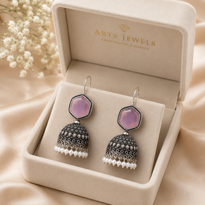 OEM ODM Oxidized <b>Silver</b> Pink Stone Jhumka <b>Earrings</b> Indian Ethnic Jewelry Manufacturer Exporter - Product Image 5