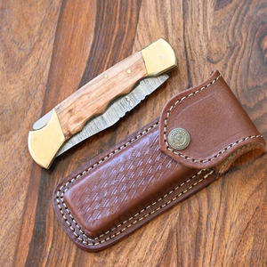Couteau pliant Short Sign Forge en acier Damas de qualité industrielle, manche en bois d'olivier, embout en laiton, étui, couteau de chasse EDC de poche - Product Image 3