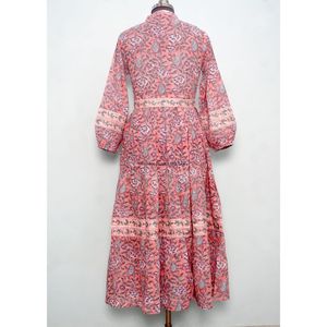 เดรสลำลองทรงเอไลน์ คอวี แขนพอง ลายพิมพ์บล็อกด้วยมือสำหรับผู้หญิง ไซส์พลัส กระดุมผ่าหน้า ความยาวระดับข้อเท้า เอวธรรมชาติ - Product Image 6