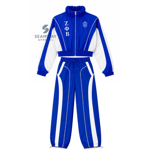 ชุดวินด์เบรกเกอร์ไนลอนสีน้ำเงินและสีขาว Zeta Phi Beta สำหรับผู้หญิง ชุดแจ็คเก็ตปักลายสีตัดต่อ กางเกงจ็อกเกอร์ขายาวทรงกว้าง ชุดกีฬา - Product Image 1