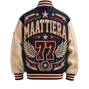 Blouson universitaire homme bleu marine avec manches en cuir crème, motif baseball brodé, fermeture à boutons-pression, style streetwear côtelé - Product Image 6