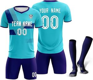 Conjunto de Uniforme de Fútbol Personalizado por Sublimación, Resistente al Viento, para Hombre, Manga Corta, Cuello en V, Uniformes de Fútbol para Equipo, Secado Rápido, Azul para la Parte Delantera - Product Image 1
