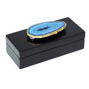 Boîte de rangement pour bijoux en verre noir agate saphir avec accent en pierre naturelle, finition brillante, doublure douce, organisateur décoratif pour souvenirs - Product Image 1