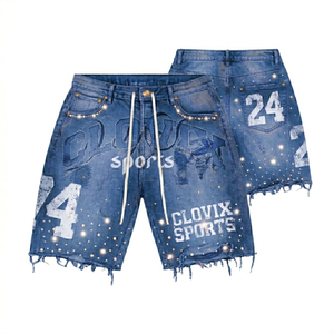 Shorts en jean streetwear pour homme de qualité supérieure avec logo personnalisé, imprimé graphique vintage déchiré, coupe ample en denim, décontracté pour l'été - Product Image 5