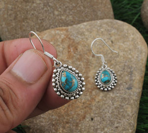 Pendientes de Plata de Ley 925 con Turquesa Azul Natural en Forma de Gota, Hechos a Mano, con Textura de Piedra Preciosa, Joyería Bohemia para Mujer, para Fiestas - Product Image 4