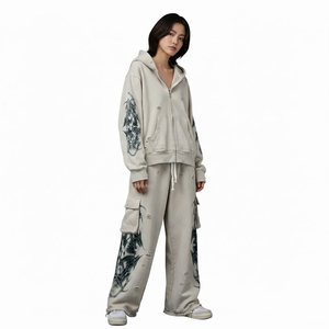 Trendy Design Custom Washed Winter Solid Tracksuit Distressed <b>Embroidery</b> French Terry Drop Shoulder Cotton Made Regular Fit - Product Image 3