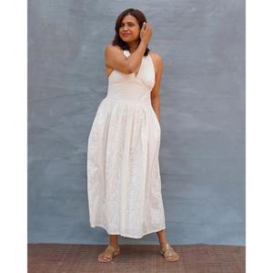 Vestido de Verano Boho para Mujer, Blanco, Cuello en V, Mini, Tejido, con Cinturón, Sin Mangas, con Mangas Abullonadas, Elegante, Casual, de Algodón, Largo - Product Image 3