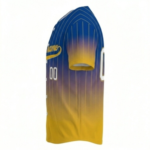 เสื้อเบสบอลแบบกำหนดเองสำหรับผู้ชาย สีน้ำเงิน-เหลืองไล่เฉดลายเส้น ปักลายแบบซับลิเมชั่น แขนสั้น คอวี ระบายอากาศได้ดี ชุดกีฬา - Product Image 5