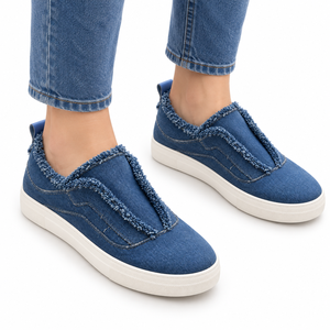 Zapatillas de mezclilla para mujer, sin cordones, con borde deshilachado, punta redonda, informales, para caminar descalza, para todas las estaciones - Product Image 5