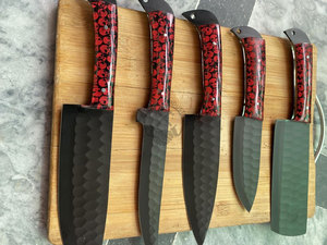 New Article Custom Made J2 Steel Powder Coated <b>Sharp</b> Hammered Blade 5-Piece Ambidextrous Kitchen Chef <b>Knife</b> <b>Set</b> W/Resin Handle - Product Image 2