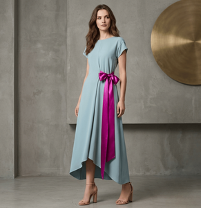 Elegant Satin Midi <b>Dress</b> With Asymmetric Hem And Purple Ribbon Bow Cap Sleeve O-Neck A-Line Party <b>Dress</b> Support Custom Design - Product Image 1