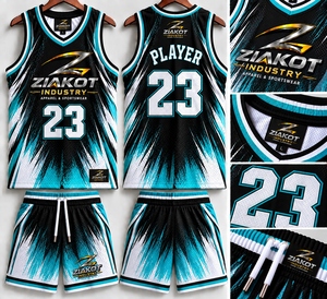 Vente en gros directe ZIAKOT INDUSTRY Maillot de basket-ball personnalisé noir, blanc et turquoise, authentique, délavé, tendance - Product Image 1