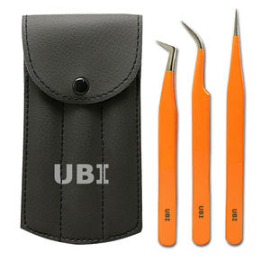 Ensemble de pinces à cils UBI en 3 pièces, acier inoxydable, pointe lisse de 10 mm, kit complet tout-en-un pour extensions classiques, hybrides et volume - Product Image 3