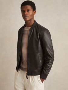 Factory Price Men Genuine Leather Waterproof Winter Bomber <b>Jacket</b> Black <b>Slim</b> <b>Fit</b> Zip-Up Spread Collar Ribbed Cuff OEM Custom Log - Product Image 1