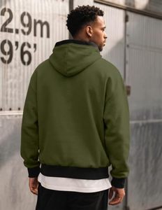 เสื้อฮู้ดสีเขียวมะกอกสำหรับผู้ชาย ทรงปกติ ผ้าฝ้ายเฟรนช์เทอร์รี่ สไตล์ลำลอง สำหรับฤดูใบไม้ร่วง มีกระเป๋า ดีไซน์ถัก แขนยาว - Product Image 6