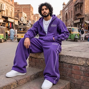 Wholesale Custom Heavy Terry Fabric Mens Autumn Streetwear All Over Printed Side Stripe Zip-Up Hoodie Sweatpants Set - Product Image 4