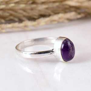 Dainty 925 <b>Sterling</b> <b>Silver</b> Purple Amethyst <b>Ring</b> Handmade Natural Oval Gemstone Matte Finish Band Boho Hippie Unisex <b>Adjustable</b> - Product Image 2