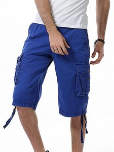Men's Solid <b>Cargo</b> Shorts Mid Waist Drawstring Closure With Pockets Casual Style Breathable Cotton Fabric Bermuda Length - Product Image 3