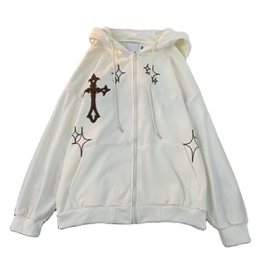Sweat à capuche zippé noir gothique brodé croix pour homme, coupe oversize, tricot de coton, style streetwear automne - Product Image 3