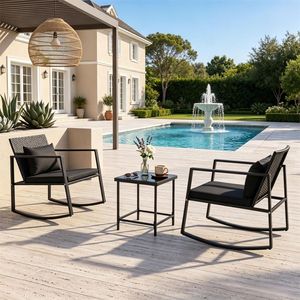 Set di 3 Sedie a Dondolo da Esterno in Vimini con Tavolino Laterale in Vetro Temperato e Cuscini Lavabili - Arredamento da Giardino - Product Image 4