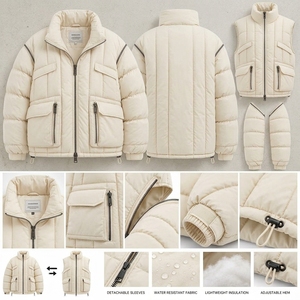 Men's Cream Color Puffer Jacket Winter <b>Coat</b> Zip Up Outdoor Streetwear Custom Private Label OEM ODM - Product Image 3