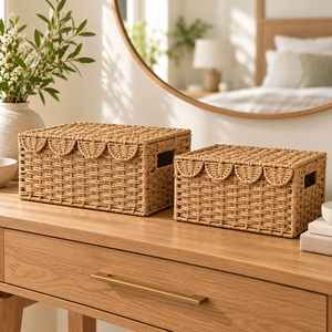 Ensemble de paniers de rangement rectangulaires modernes en jonc de mer, personnalisables et écologiques, avec 2 couvercles à charnières et poignées découpées, pour l'organisation de la maison - Product Image 6