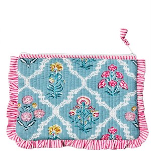 Lovely Floral Quilted Frill Pouch With Pink Striped Ruffle Zipper Closure Blue White Pattern Medium Size Practical Design - Product Image 5