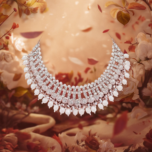 Designer Choker Necklace <b>Set</b> with Sparkle Austrian Stone Pearl Beads-10575611WH Fashion Jewelry - Product Image 3