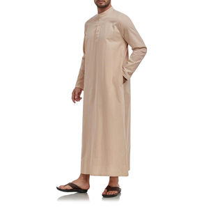 Vente en gros : Thobe homme bleu marine à manches longues, Jubba musulmane, col montant, en mélange de coton, Robe traditionnelle arabe - Product Image 5