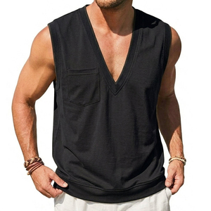 เสื้อกล้ามคอวีผู้ชายแบบปรับแต่งได้ มีกระเป๋า ขายส่ง คุณภาพสูง เสื้อผ้าลำลองแฟชั่นชายหาดฤดูร้อน - Product Image 4