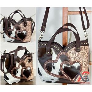 กระเป๋าโท้ทหนังแท้ลายตะวันตกงานแฮนด์เมดจาก March Expo พร้อมดีไซน์หัวใจคู่ประดับหมุด หนังวัวแท้ สะพายไหล่หรือสะพายข้างสำหรับสุภาพสตรี - Product Image 1