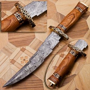 Cuchillo Bowie de Caza Multifuncional de Hoja Fija de Acero de Damasco Hecho a Mano con Mango de Madera, OEM/ODM Disponible, Personalizable - Product Image 1