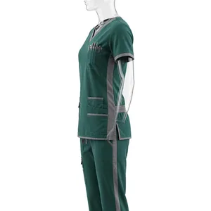 Ensemble de blouses médicales unisexe vert sarcelle à manches courtes avec poches et pantalon à cordon de serrage en polyester respirant, uniforme pour la détection des aiguilles, pour adultes - Product Image 5