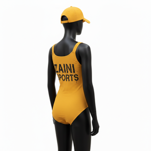 Maillot de bain une pièce pour femme en nylon et élasthanne extensible, couleur moutarde, avec empiècements à poches utilitaires et logo personnalisé sérigraphié - Product Image 5