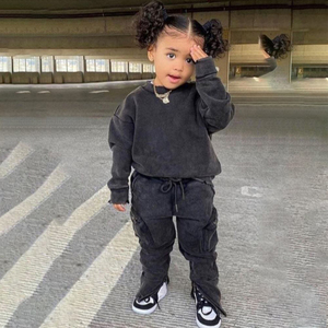 Survêtement noir pour bébés filles, sweat-shirt streetwear à manches longues et col rond avec pantalon à cordon de serrage, couleur unie, coupe ample, vêtements d'automne - Product Image 3