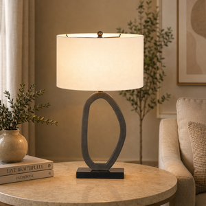 Infinity Oval Metal Table Lamp with Open Iron Loop Base Premium Linen <b>Drum</b> <b>Shade</b> Warm Ambient <b>Lighting</b> for Modern Interiors - Product Image 1