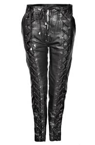 Pantalones de Cuero Genuino Negros con Cordones, Cintura Alta, Estilo Gótico, Ajustados, Largos, para Club, Ropa de Calle - Product Image 3