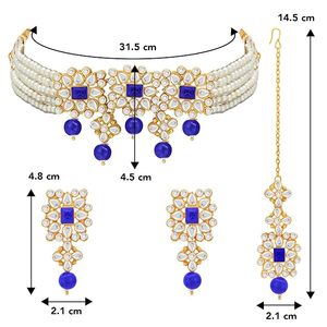 Conjunto de Collar y Pendientes de Flor Chapados en Oro con Circones, Joyería Clásica de Boda para Mujer, Imitación de Perlas y Piedra Azul, Conjuntos de Joyería de Aleación - Product Image 2