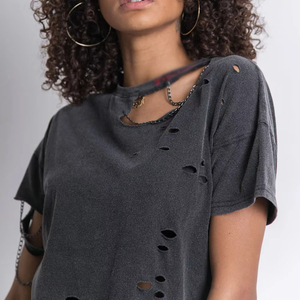 Camiseta de algodón grueso para mujer, con efecto desgastado, estampado personalizado, corte regular, negra, estilo vintage, lavado ácido, OEM - Product Image 6