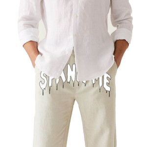 <b>Men's</b> Beige Straight Fit Polyester/Cotton Blend <b>Trousers</b> Dripping Letter Print Elastic Waist Casual <b>Summer</b> Wear Quick-Dry - Product Image 3