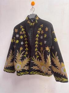 Elegant Brown <b>Velvet</b> Embroidered Suzani <b>Jacket</b> With Floral Pattern Full Sleeve Stand Collar Handmade Boho Winter Outerwear - Product Image 2
