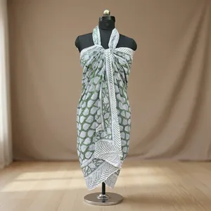 Vestido de Baño de Algodón Viscosa con Estampado de Hojas Verdes para Mujer, Estilo Halter Cruzado con Torcedura, Cubrebaño de Playa de Ajuste Regular - Product Image 3