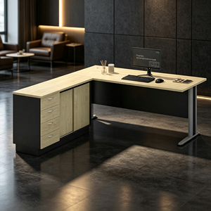Bureau de direction moderne en forme de L avec armoire de rangement, plateau en mélaminé aggloméré, pour usage hospitalier et commercial - Product Image 1