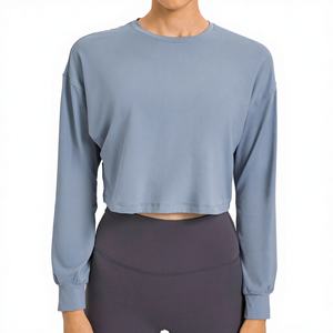 Vente chaude Femmes D'été Crop Tops Respirant À Manches Longues T-Shirts Conception Sans Col Sexy Casual Solide Couleurs Numérique Imprimé - Product Image 4