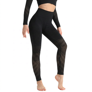 Leggings de yoga taille haute pour femme, couleur unie, longueur intégrale, en maille respirante, Spandex et Polyester, avec design ajouré - Product Image 6